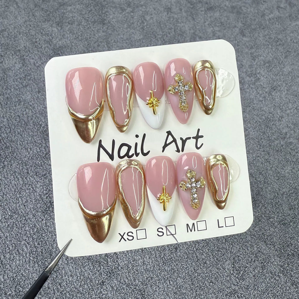 Pink & Gold Diamond Cross Press-On Nails | Elegant Luxe Nail Art with Star Accents | Perfect for Wedding or Party