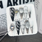 Cyberpunk Silver Chrome Press-On Nails | Futuristic Black & White Metallic Nail Art with Rhinestones & Iridescent Gems | Party & Festival Nails
