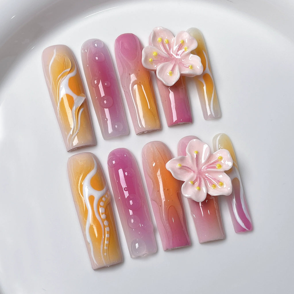 Pink Orange Gradient Nails | 3D Flower Press-On Nails for Spring, Garden Parties & Brunch