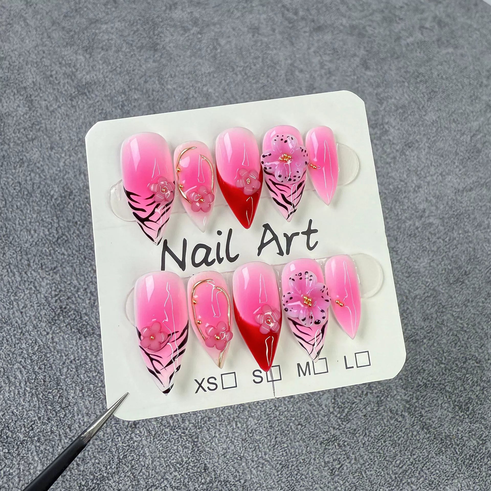 Sweet Wild Fusion - Pink Gradient Press-On Nails with 3D Floral & Zebra Pattern | Romantic Glam Nail Art for Date & Street Style