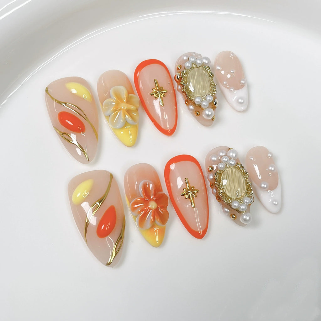 Elegant Bloom Press-On Nails | Nude with 3D Flowers, Pearls & Gold Accents | Luxury Nails for Wedding & Party