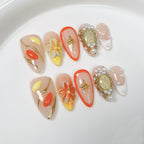 Elegant Bloom Press-On Nails | Nude with 3D Flowers, Pearls & Gold Accents | Luxury Nails for Wedding & Party