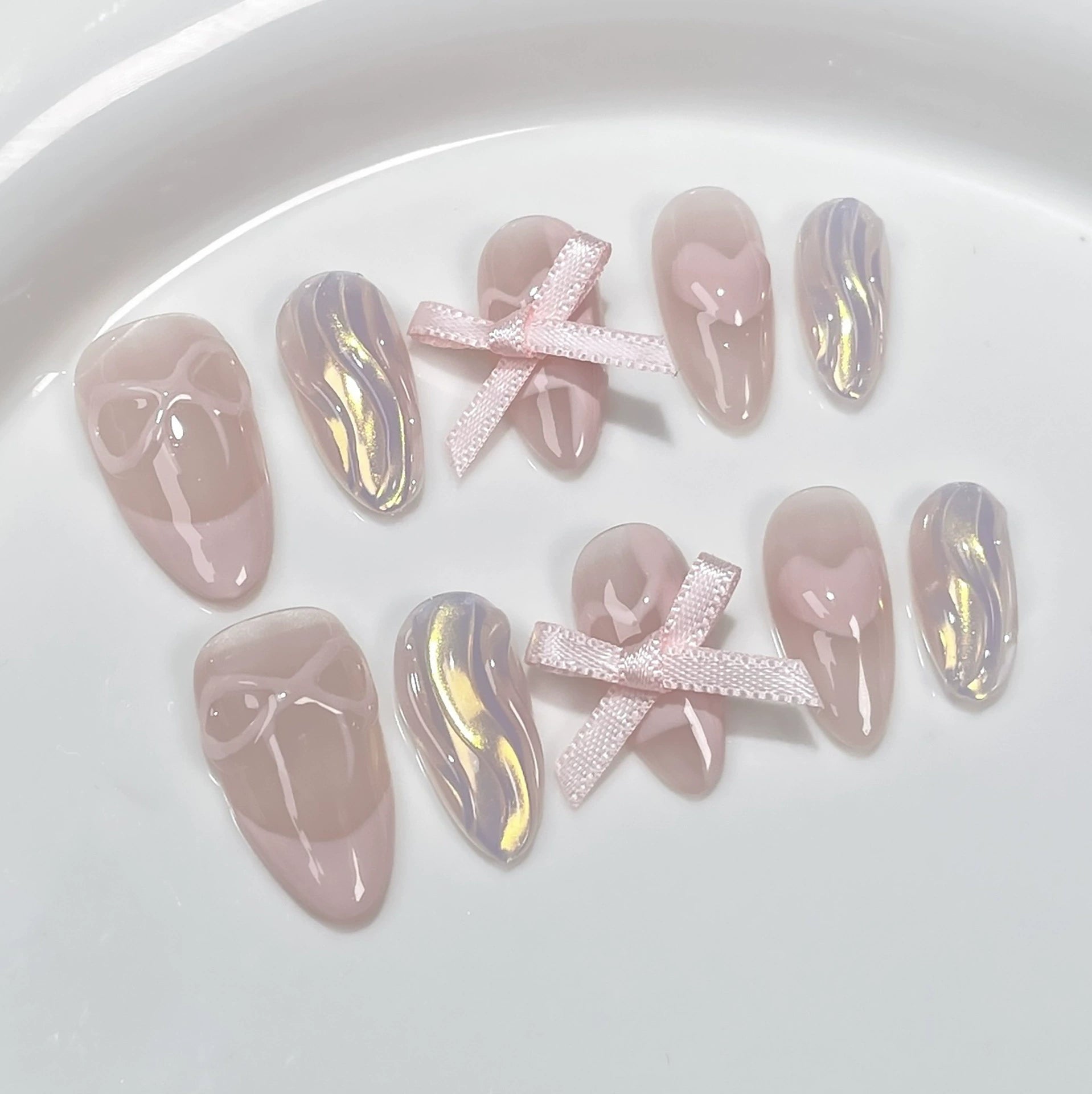 Sweet Aurora Pink Press-On Nails | 3D Ribbon Bow Iridescent Gradient Nails | Date & Party Nail Art