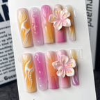 Pink Orange Gradient Nails | 3D Flower Press-On Nails for Spring, Garden Parties & Brunch