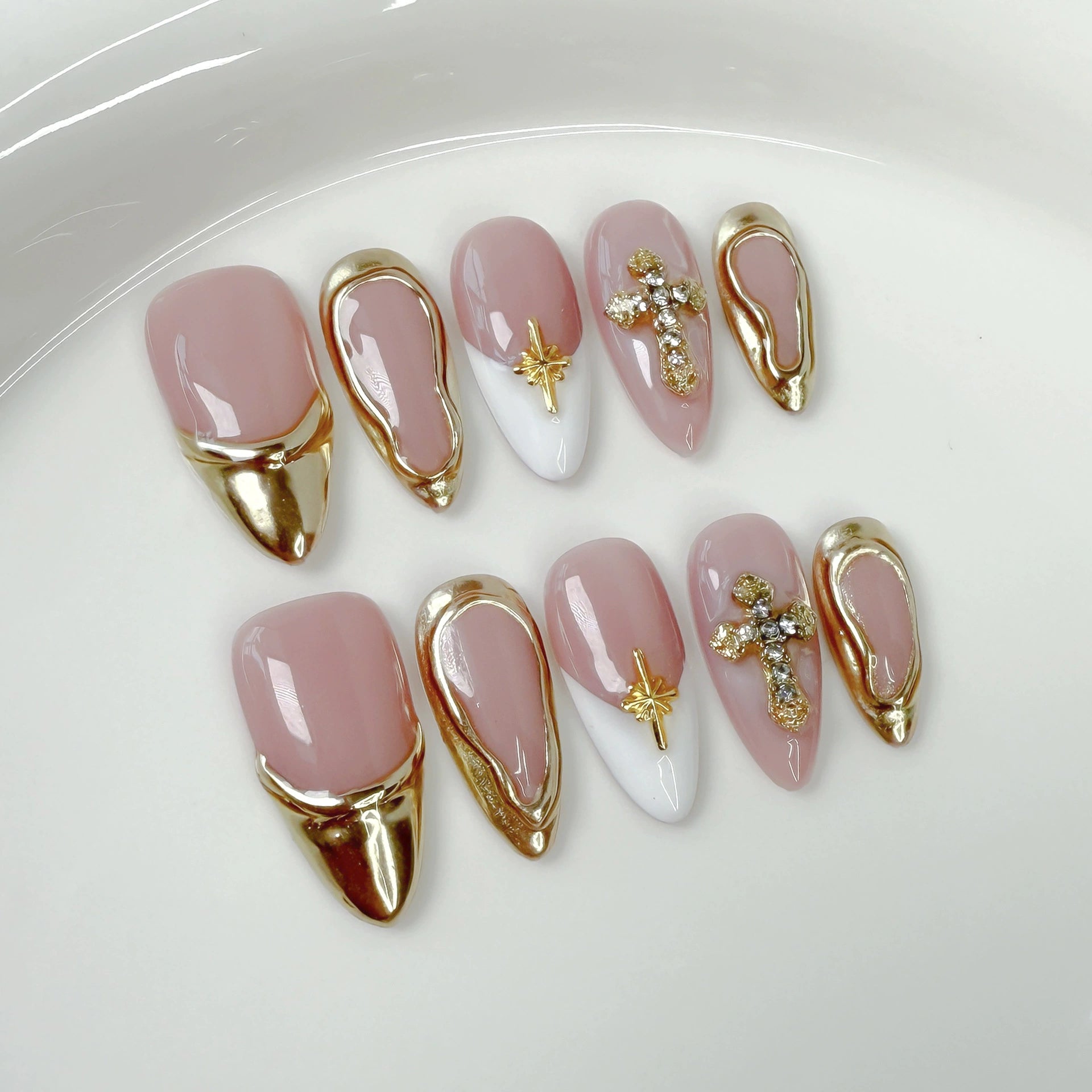 Pink & Gold Diamond Cross Press-On Nails | Elegant Luxe Nail Art with Star Accents | Perfect for Wedding or Party