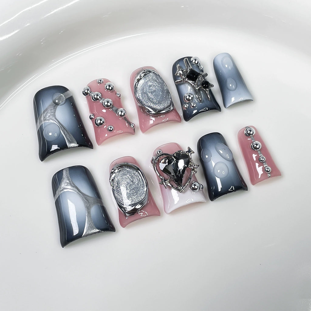 Gray Blue Punk Press-On Nails | Gradient Heart Rhinestone Nail Art with Metal Studs | Cool Rock Party Nails