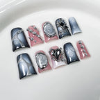 Gray Blue Punk Press-On Nails | Gradient Heart Rhinestone Nail Art with Metal Studs | Cool Rock Party Nails