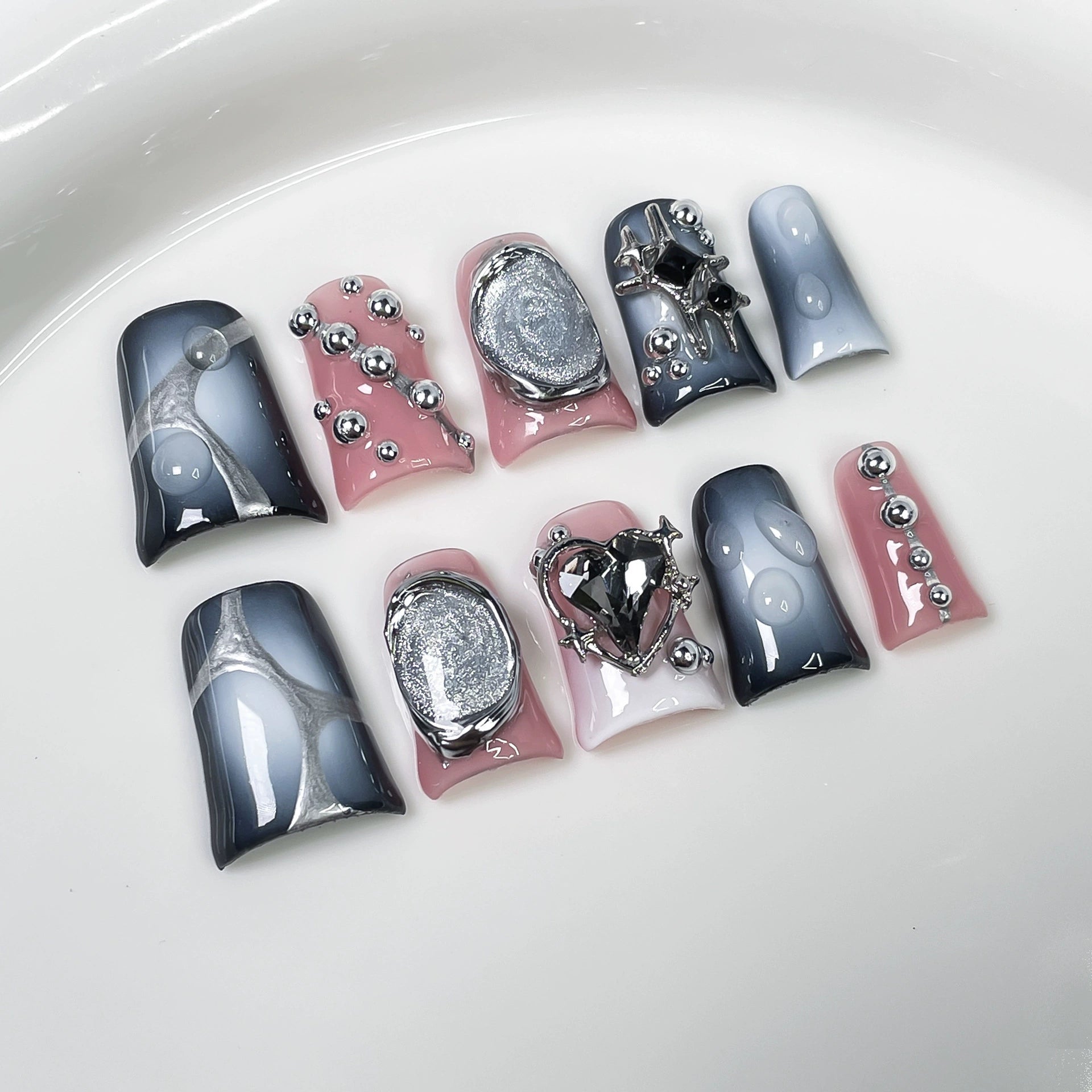Gray Blue Punk Press-On Nails | Gradient Heart Rhinestone Nail Art with Metal Studs | Cool Rock Party Nails
