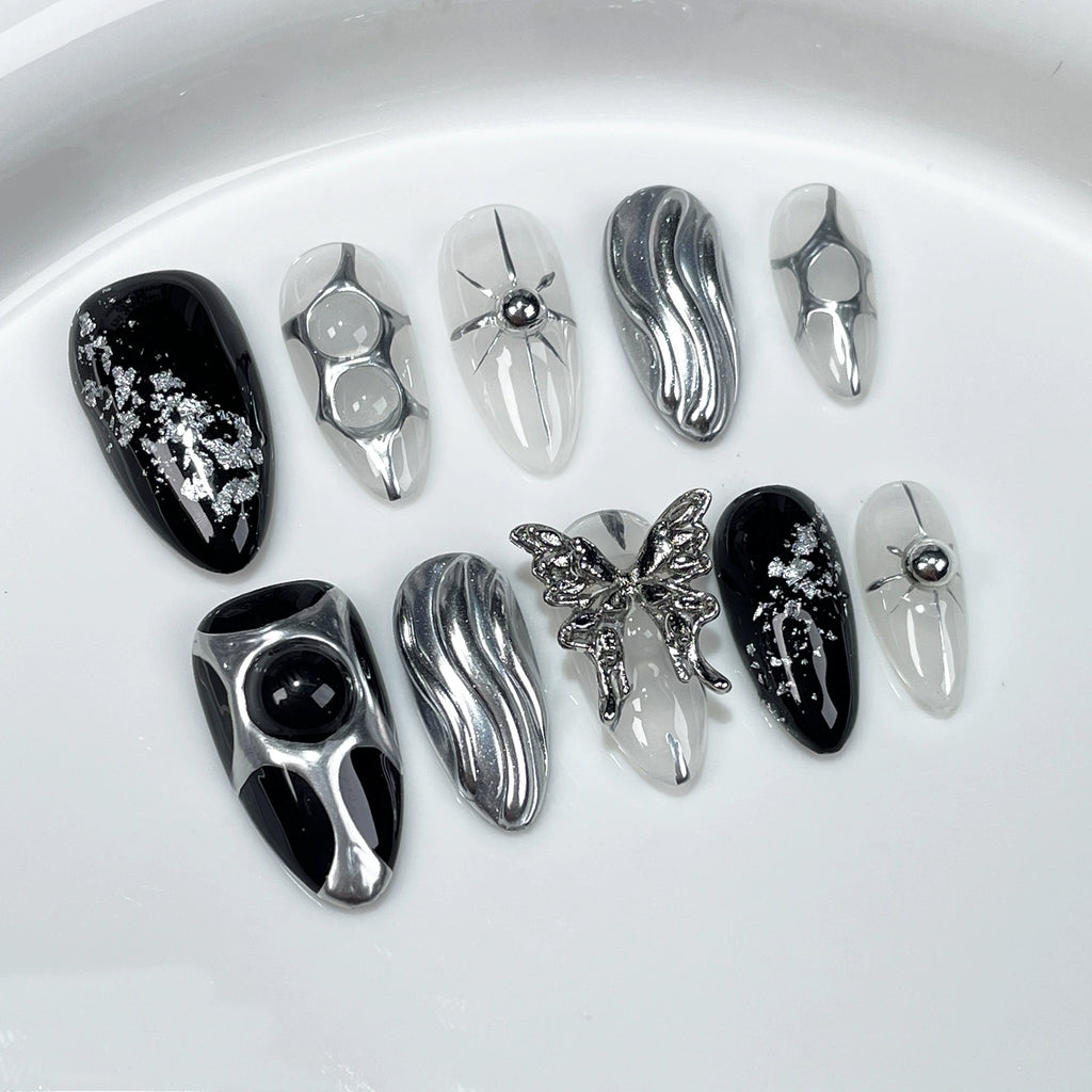 Black & Silver Metallic Press-On Nails | 3D Butterfly & Wave Design | Cyber Chic Futuristic Nail Art for Fashion Events