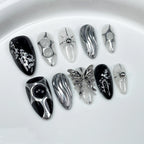 Black & Silver Metallic Press-On Nails | 3D Butterfly & Wave Design | Cyber Chic Futuristic Nail Art for Fashion Events