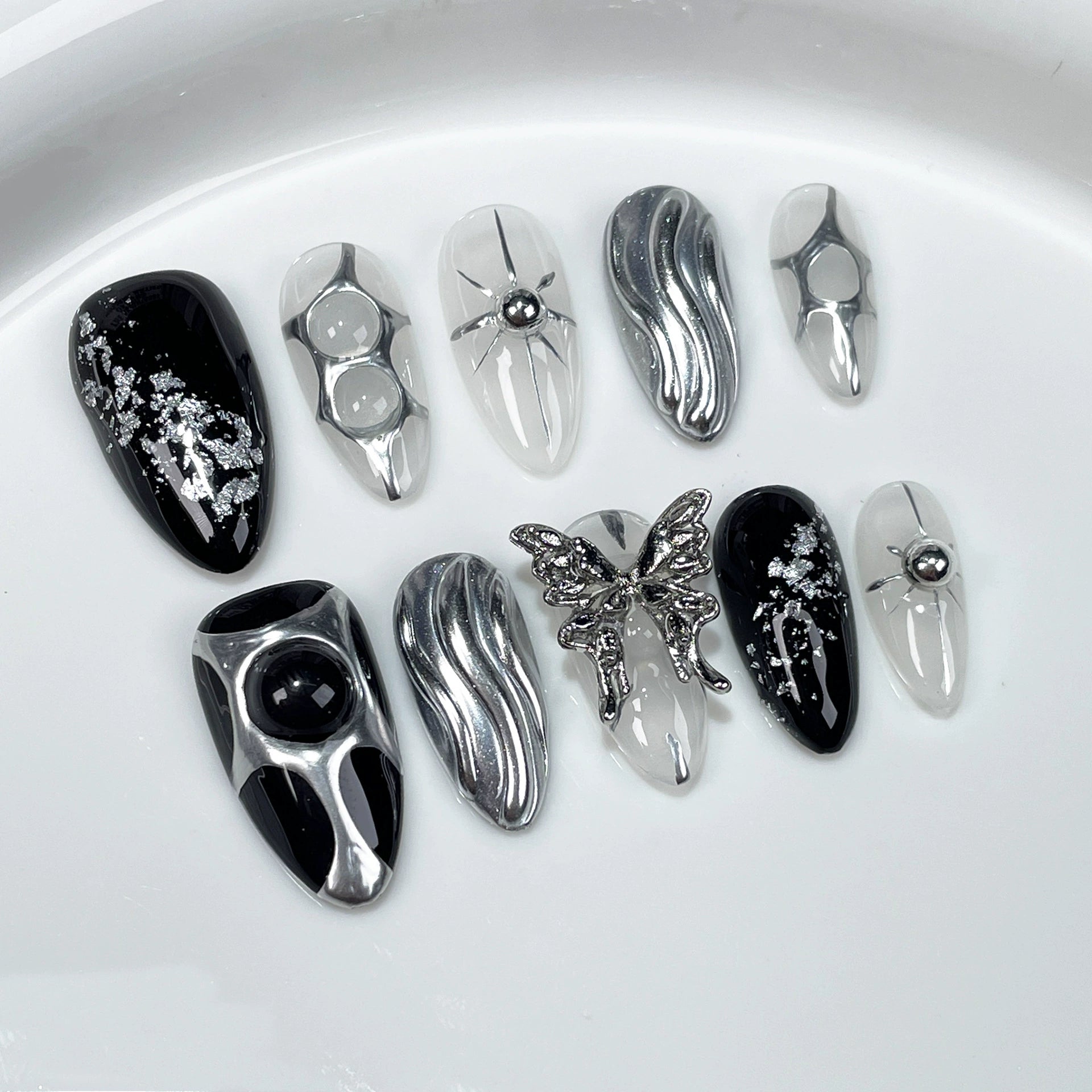 Black & Silver Metallic Press-On Nails | 3D Butterfly & Wave Design | Cyber Chic Futuristic Nail Art for Fashion Events