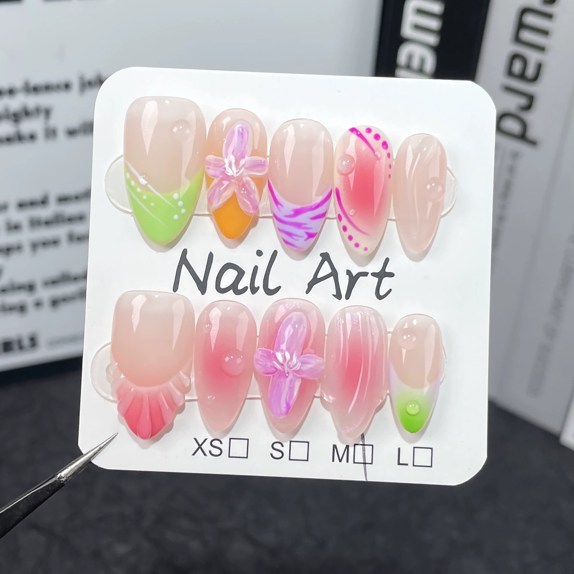 Nude Gradient Press-On Nails | 3D Floral Pastel Nail Art with Zebra & Polka Dot Design | Spring Bloom Style for Everyday Sweet Look