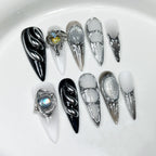 Cyberpunk Silver Chrome Press-On Nails | Futuristic Black & White Metallic Nail Art with Rhinestones & Iridescent Gems | Party & Festival Nails