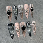Pink & Black Mix-Style Press-On Nails with Silver Metal Spheres & Star Charms | Edgy Fashion Nail Art for Parties, Music Festivals & Halloween