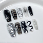 Minimal Cyberpunk Press-On Nails - Black, White & Silver with Metallic Spiral & Radiant Lines | Futuristic Nail Design for Tech Events, Party & Creative Studios