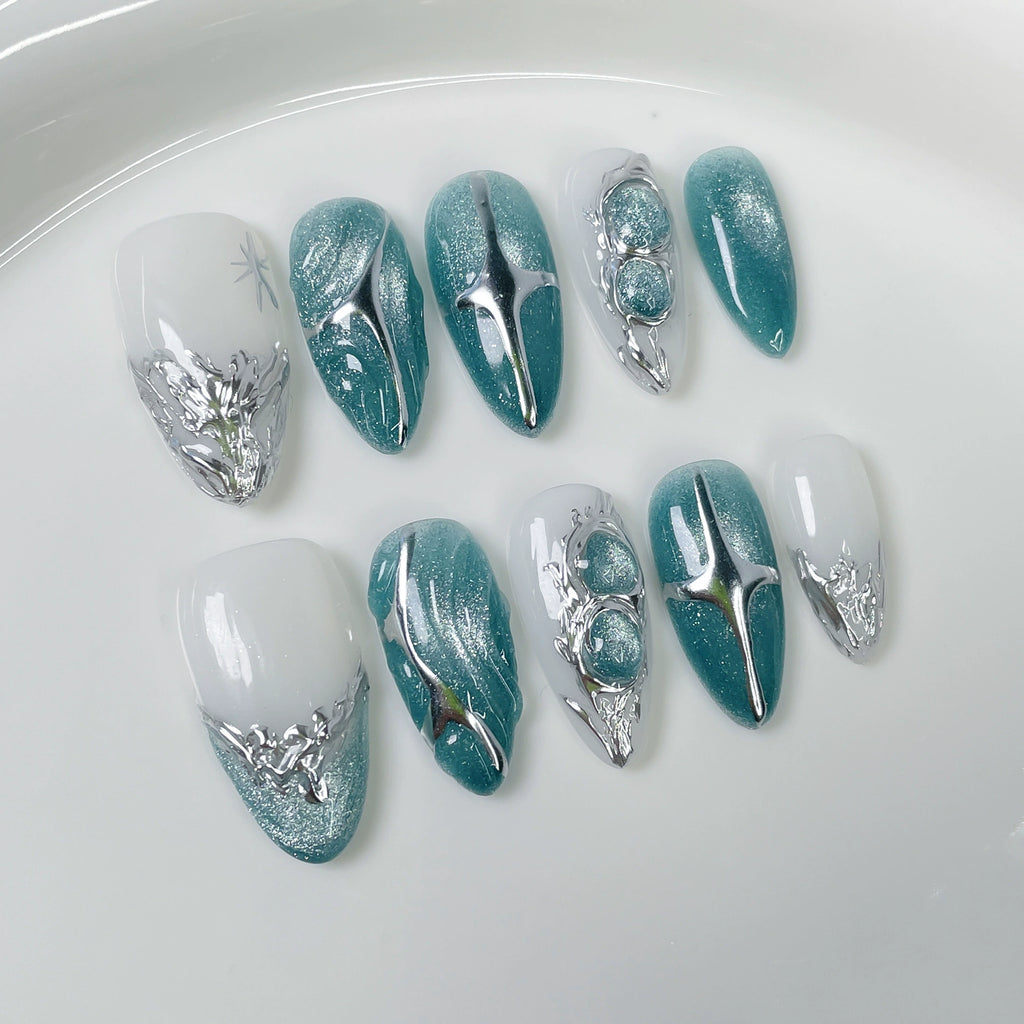 White and Light Blue Metallic Press-On Nails | Silver Line & Star Design | Futuristic Minimalist Nails for Daily & Fashion Look