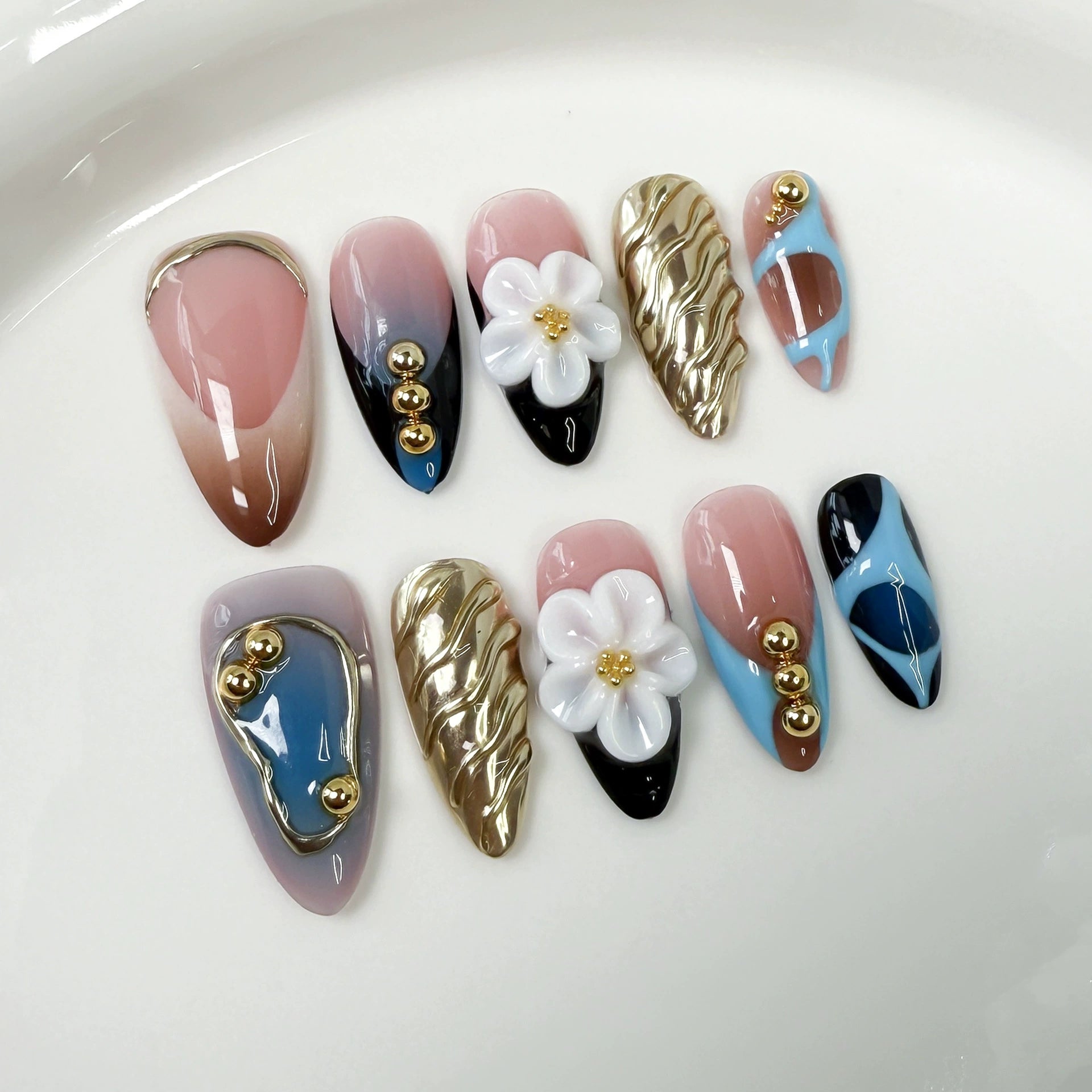 Chic Luxe Mix - Gradient Press-On Nails with 3D Flowers, Gold Waves & Color Blocks | Elegant Fusion Nail Art for Party, Date & Exhibition