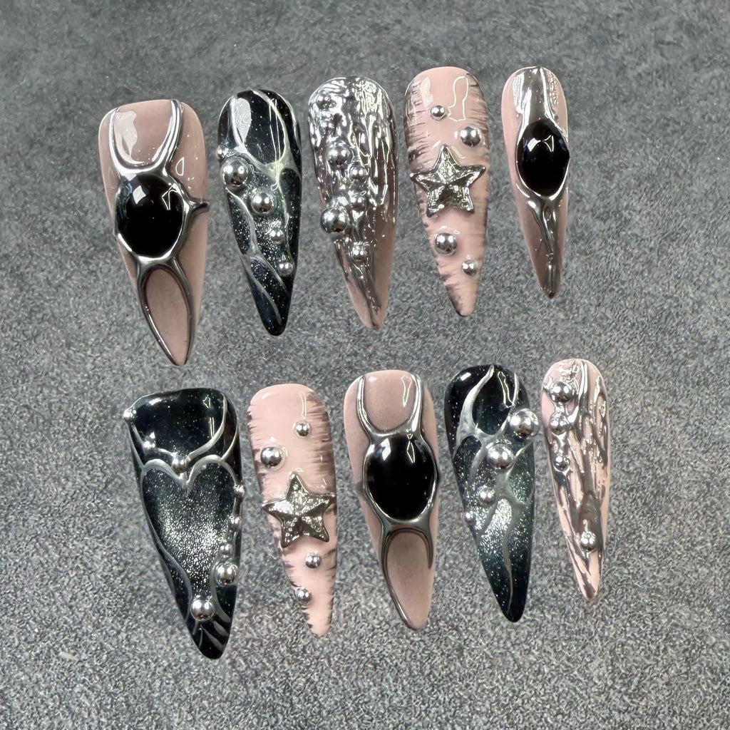 Gothic Glam & Edgy Elegance Press On Nails - Star, Heart & Metallic Statement Nail Sets for Bold Style