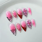 Sweet Wild Fusion - Pink Gradient Press-On Nails with 3D Floral & Zebra Pattern | Romantic Glam Nail Art for Date & Street Style