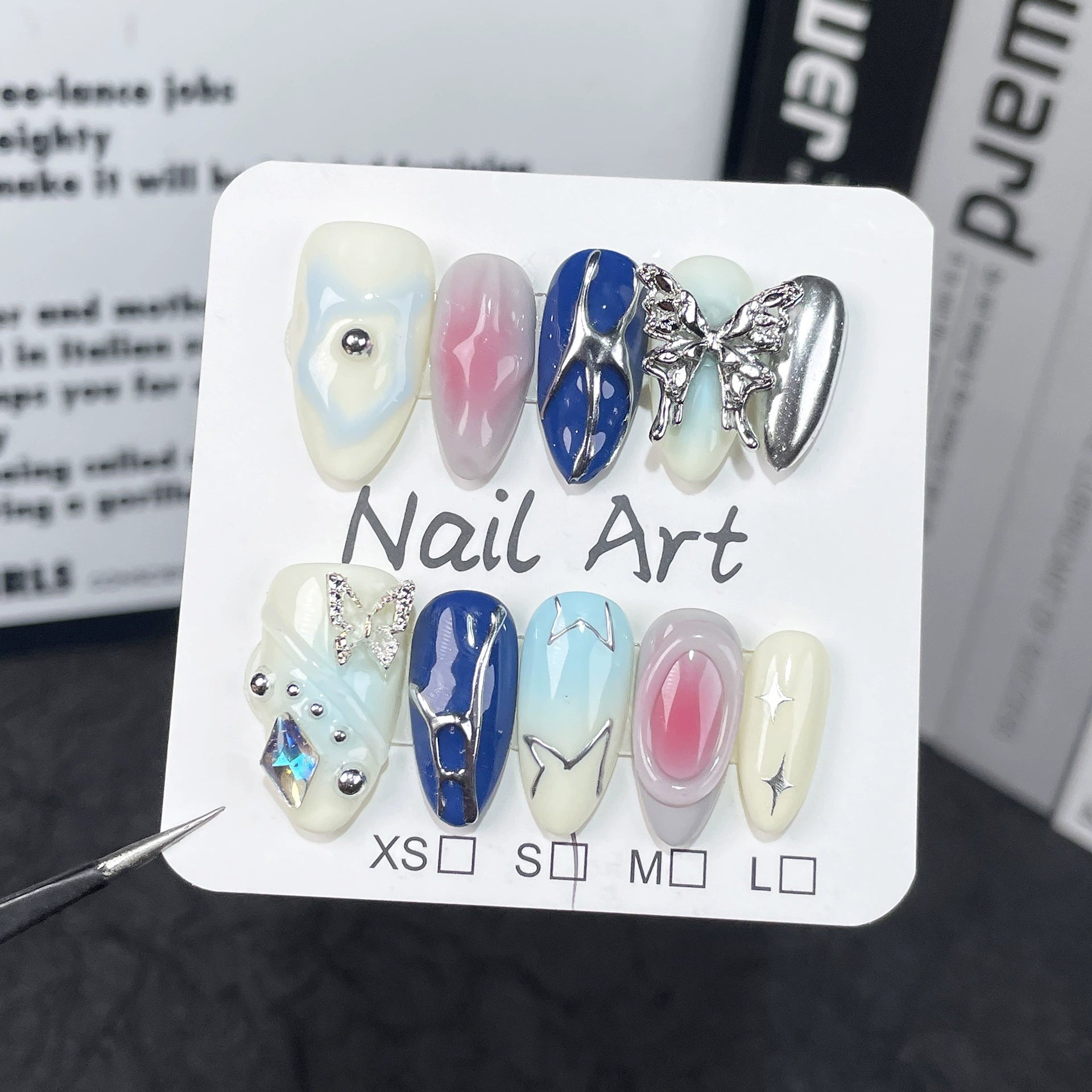 Cyber Glam Metallic Press-On Nails | 3D Butterfly Star Rhinestone Design | Festival Party Nail Art