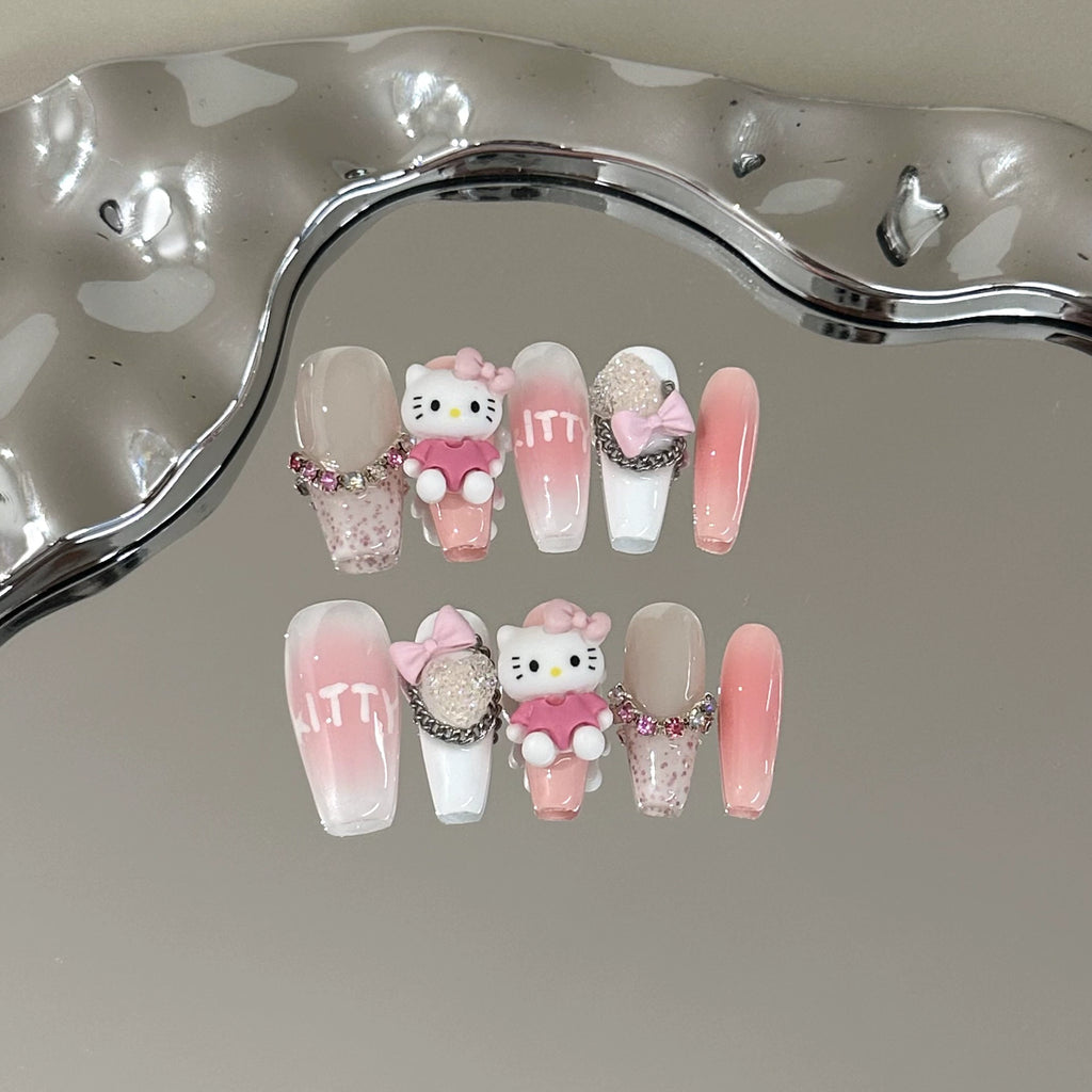Cute Hello Kitty Press-On Nails - Pink & White with 3D Hello Kitty, Bows, Rhinestones & Chains | Sweet Nail Design for Anime Fans & Party