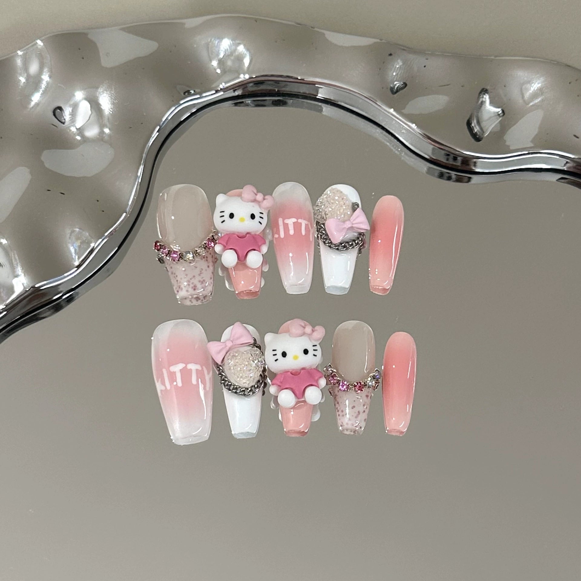 Cute Hello Kitty Press-On Nails - Pink & White with 3D Hello Kitty, Bows, Rhinestones & Chains | Sweet Nail Design for Anime Fans & Party