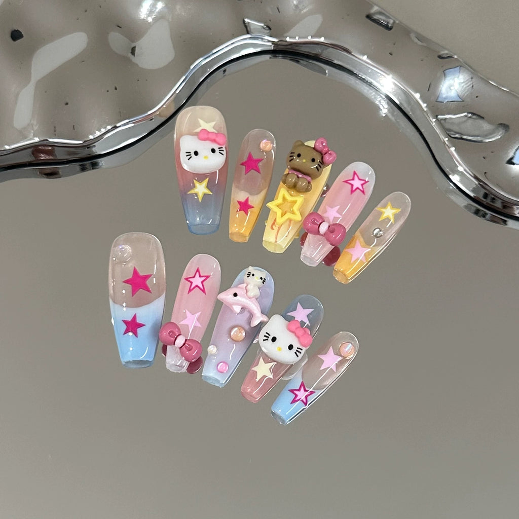 Cute Cartoon Hello Kitty Press-On Nails - Pink Bows, Colorful Stars & Gradient Transparent Base | Fun Nail Art for Daily Wear & Themed Parties