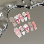 Cute Hello Kitty Press-On Nails - Pink & White with 3D Hello Kitty, Bows, Rhinestones & Chains | Sweet Nail Design for Anime Fans & Party