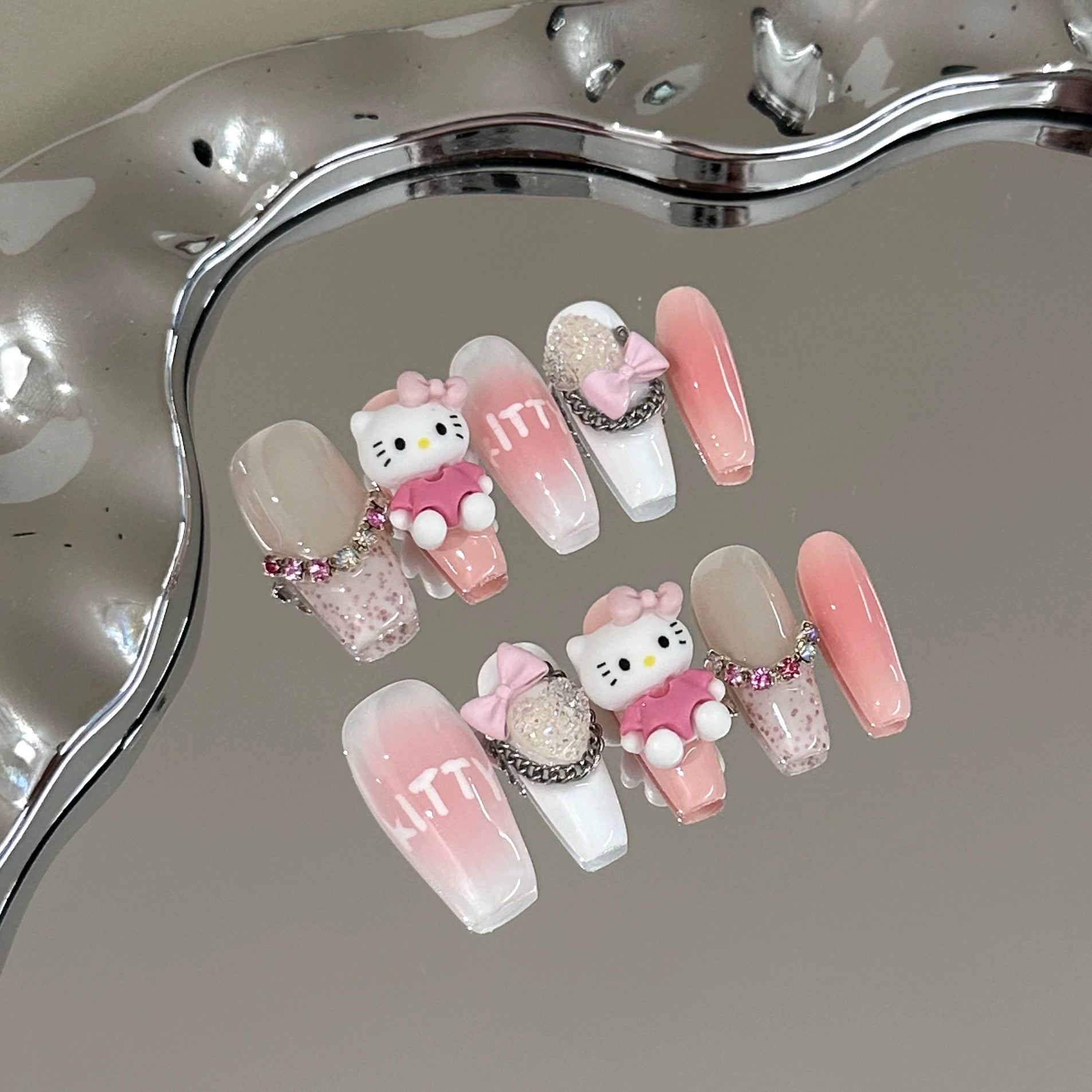 Cute Hello Kitty Press-On Nails - Pink & White with 3D Hello Kitty, Bows, Rhinestones & Chains | Sweet Nail Design for Anime Fans & Party