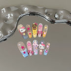 Cute Cartoon Hello Kitty Press-On Nails - Pink Bows, Colorful Stars & Gradient Transparent Base | Fun Nail Art for Daily Wear & Themed Parties