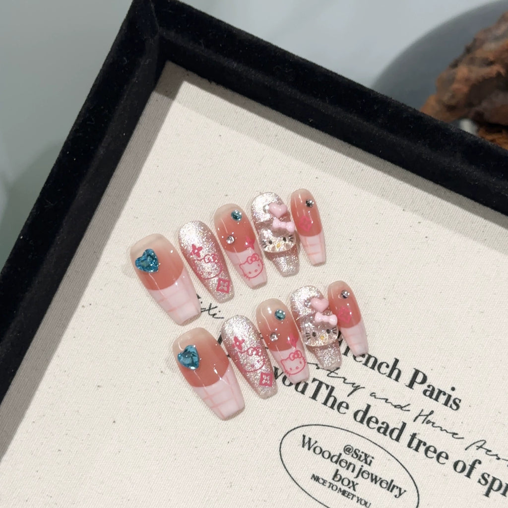 Cute Cartoon Press-On Nails - Pink & Nude with Silver Glitter, Hello Kitty, Blue Heart Rhinestones & 3D Bows | Sweet Nail Design for Party, Anime Expo & Everyday
