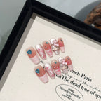 Cute Cartoon Press-On Nails - Pink & Nude with Silver Glitter, Hello Kitty, Blue Heart Rhinestones & 3D Bows | Sweet Nail Design for Party, Anime Expo & Everyday