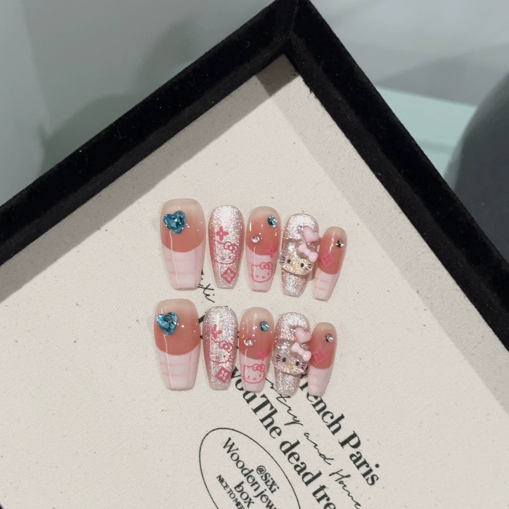 Cute Cartoon Press-On Nails - Pink & Nude with Silver Glitter, Hello Kitty, Blue Heart Rhinestones & 3D Bows | Sweet Nail Design for Party, Anime Expo & Everyday