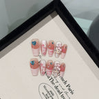 Cute Cartoon Press-On Nails - Pink & Nude with Silver Glitter, Hello Kitty, Blue Heart Rhinestones & 3D Bows | Sweet Nail Design for Party, Anime Expo & Everyday