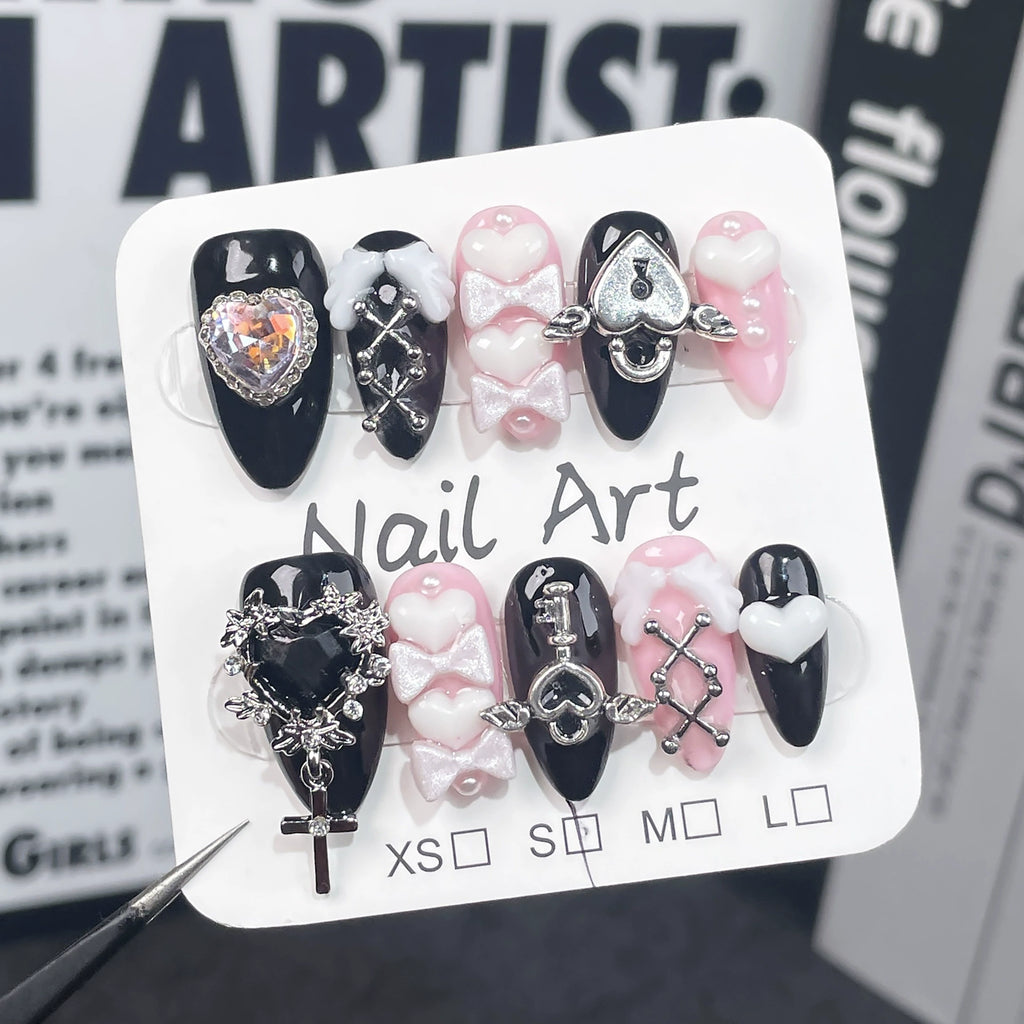 Black Pink Press-On Nails | Gothic Heart Bow Nail Design with Cross & Crystal | Sweet Dark Lolita Party Style