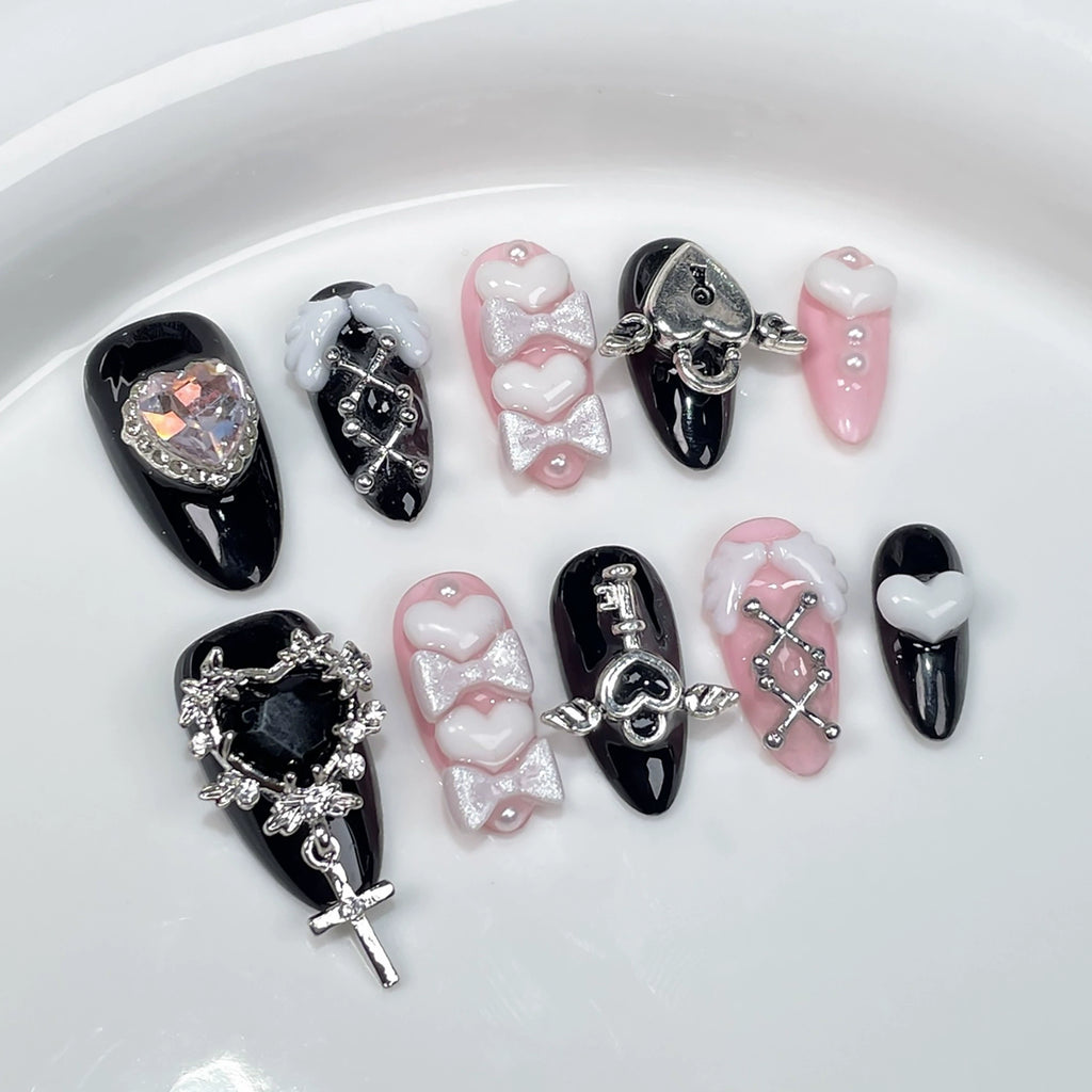 Black Pink Press-On Nails | Gothic Heart Bow Nail Design with Cross & Crystal | Sweet Dark Lolita Party Style