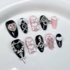 Black Pink Press-On Nails | Gothic Heart Bow Nail Design with Cross & Crystal | Sweet Dark Lolita Party Style