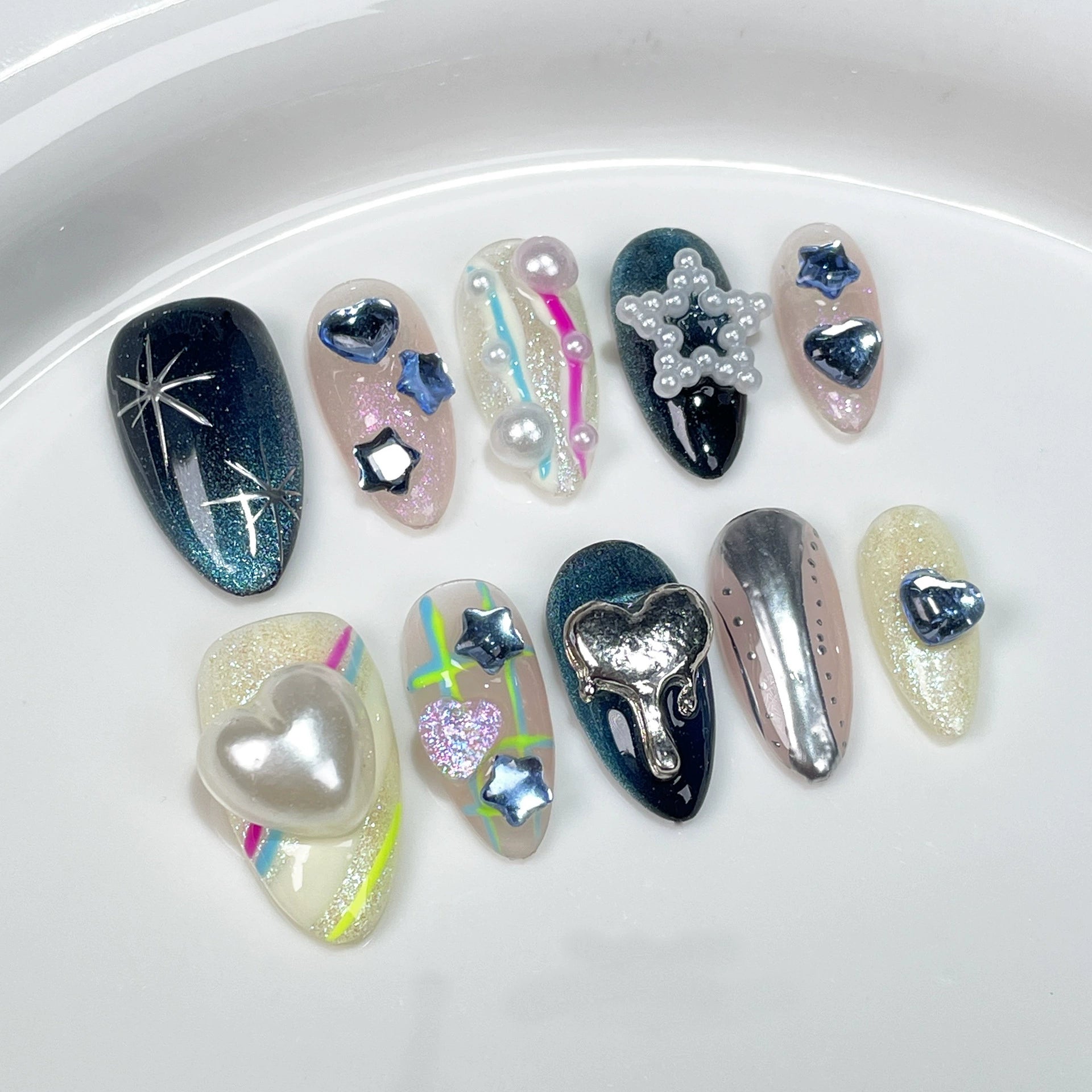 Blue Pink Metallic Press-On Nails | Pearl Heart Star Nail Design | Dreamy Mixed Style for Party & Street Fashion