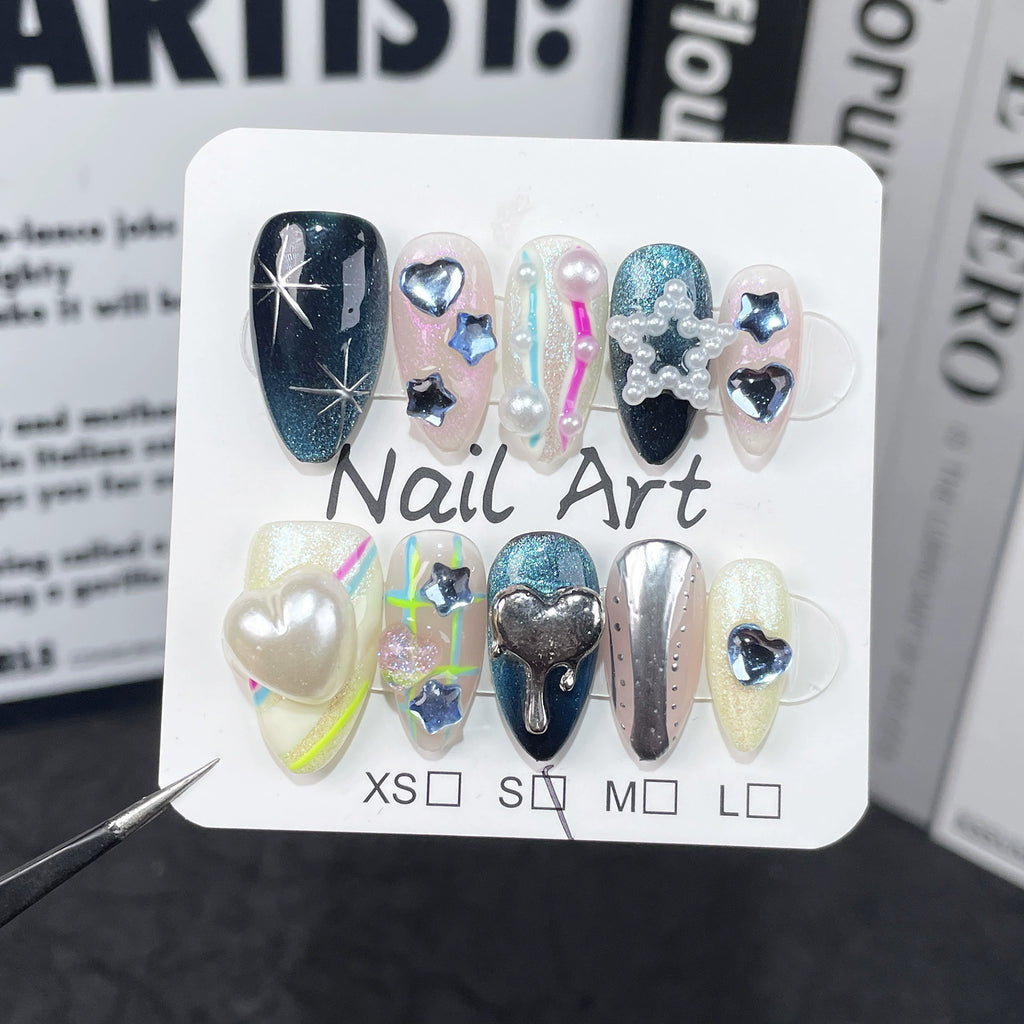 Blue Pink Metallic Press-On Nails | Pearl Heart Star Nail Design | Dreamy Mixed Style for Party & Street Fashion